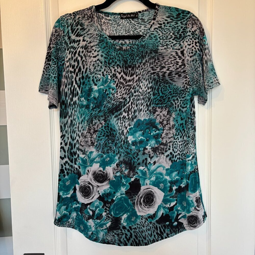 Y2K Teal and Grey Floral Leopard Print Top Size M